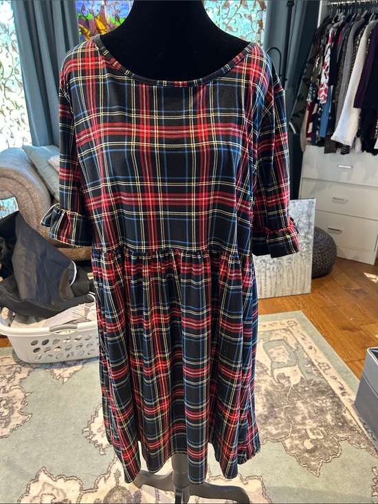 Vibe Sportswear Dresses & Skirts - Plaid Midi Dress with Gathered Waist in Red and Black